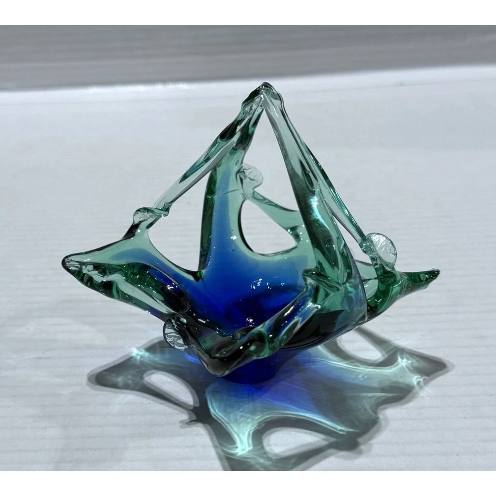 Vintage Murano Style MCM Blue‎ Green Art Glass Basket - Size 4.5 x 4.5 x 4